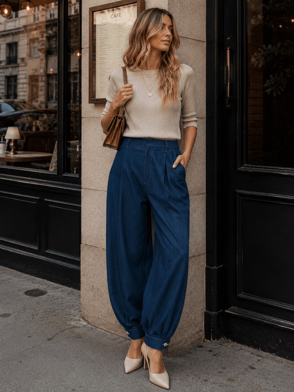 B25. High-Waist Indigo Balloon Pants